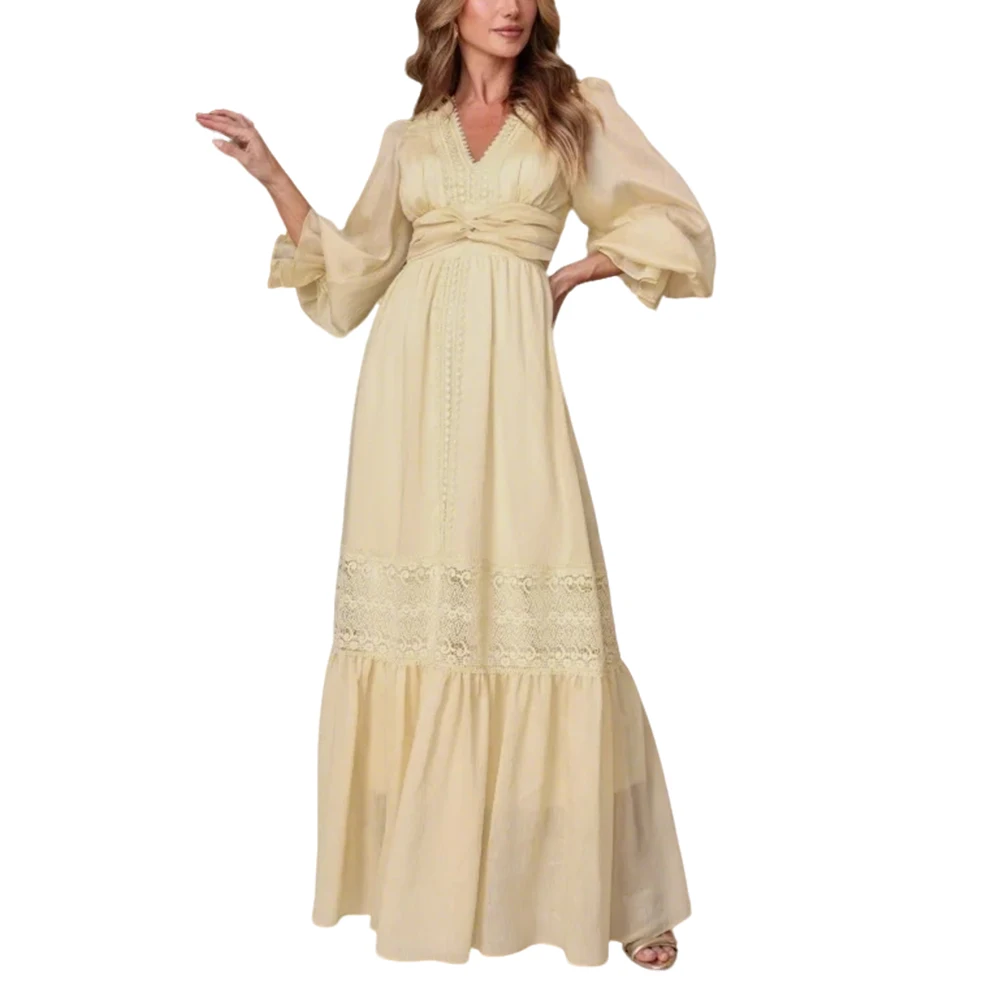 

Платье макси в стиле бохо с V-образным вырезом, расклешенными рукавами и узлом спереди, сексуальное свободное платье для гостей на свадьбу, коктейльной вечеринки, пляжного отдыха, абрикосовое