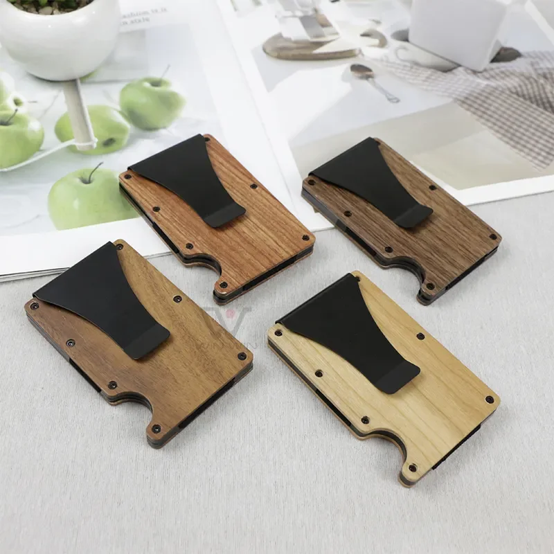 2023Hot Sale RFID Blocking Men's Wooden Wallet ultra thin Metal Money Clip for men Minimalist wooden aluminum Wallet card holder