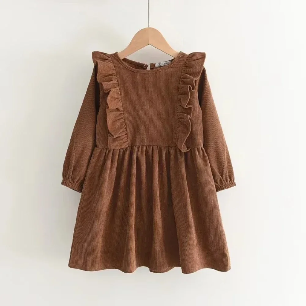 Spring Autumn New Solid Color Girls' Casual Dresses Wine Red Pink Coffee Long Sleeve Round Neck Daily Casual Children's Dress