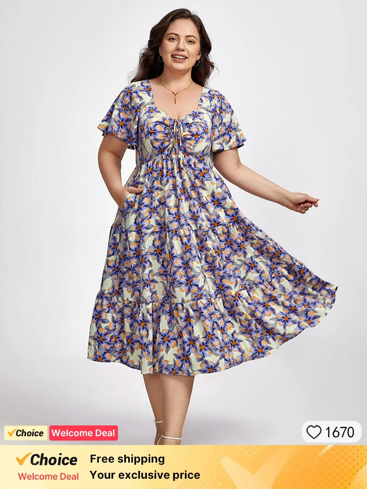 Plus Sized Clothing  Printed Colorful Women Floral Short Puff Sleeve High Waist Drawstring Ruffled Hem Dresses with Pockets