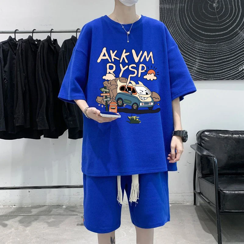 

Trendy Men Causal Suits American Style Loose Sets Cartoon Printed T-shirts Shorts 2 Piece Set Summer Breathable Tracksuits New