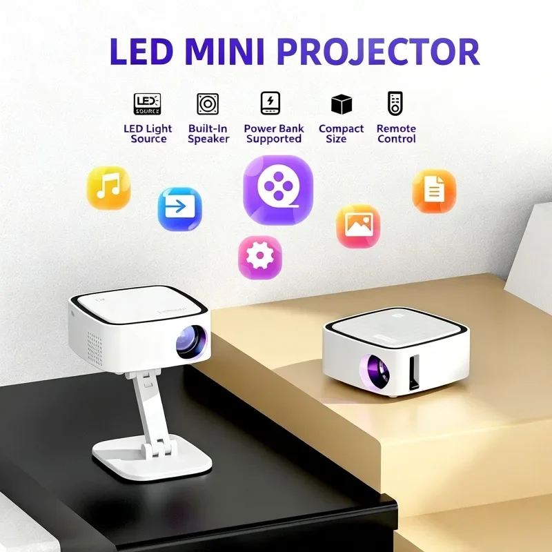 720P Ultra Mini Projector Tiny Pocket LED Projector Type-C Power Built-in Speaker Remote Control Home Outdoor USB Headphone Jack