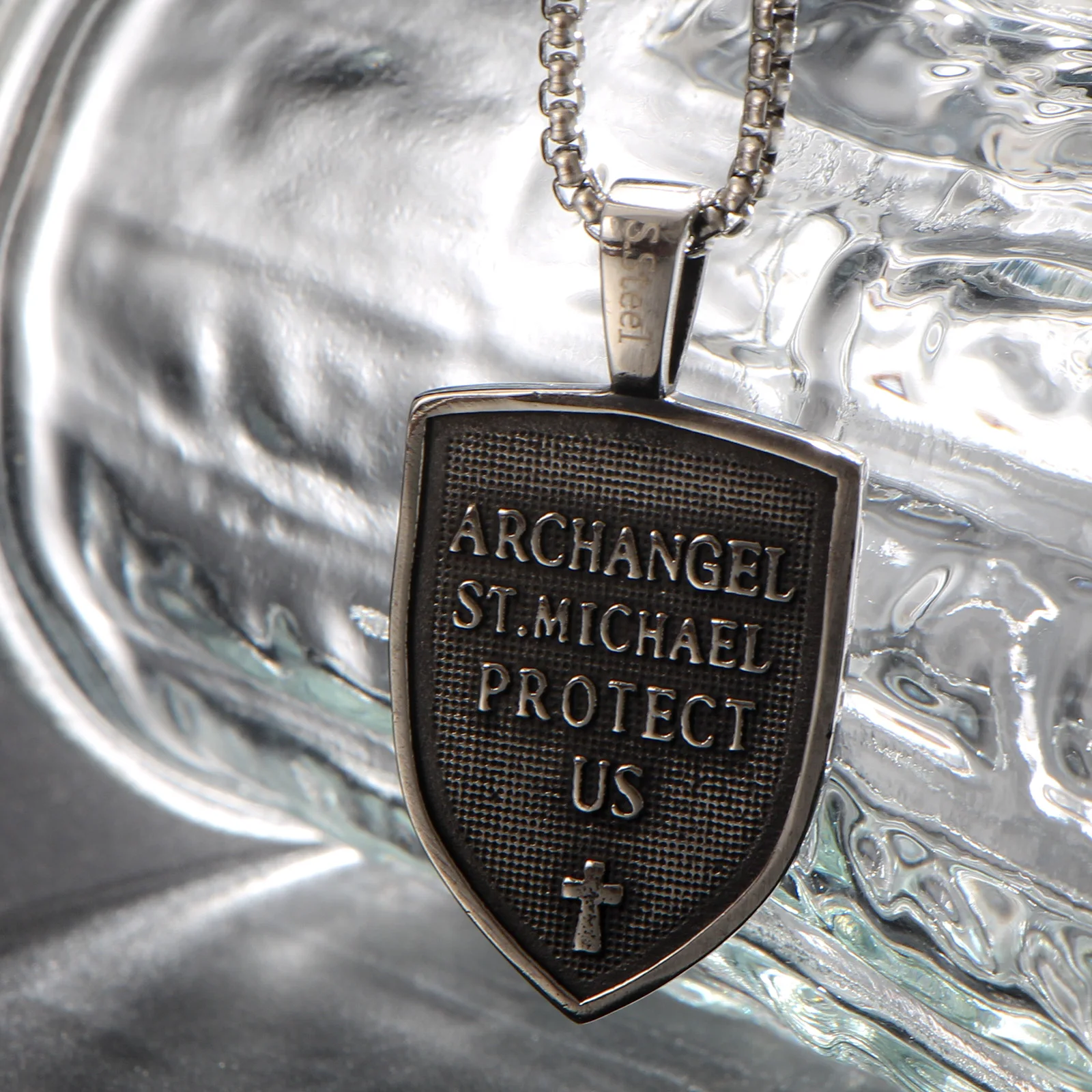 LNCHRAN Men 316L Stainless Steel Archangel Michael Sword Wing Shield Pendant Necklace Box Chain Religious Vintage Jewelry Gift