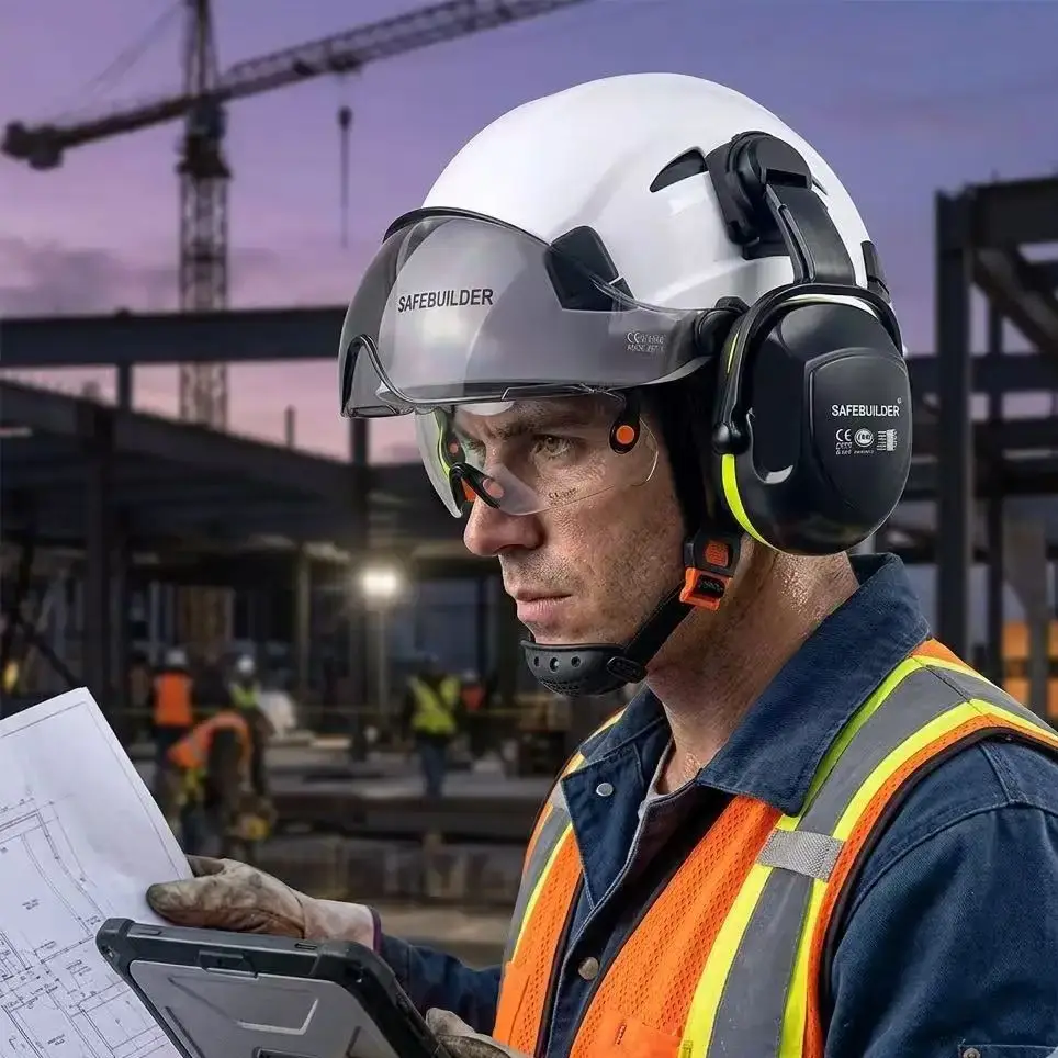 

Многофункциональная защитная каска – с визором, встроенными очками, наушниками, шумопоглощающими наклейками, сертифицирована CE для промышленного использования