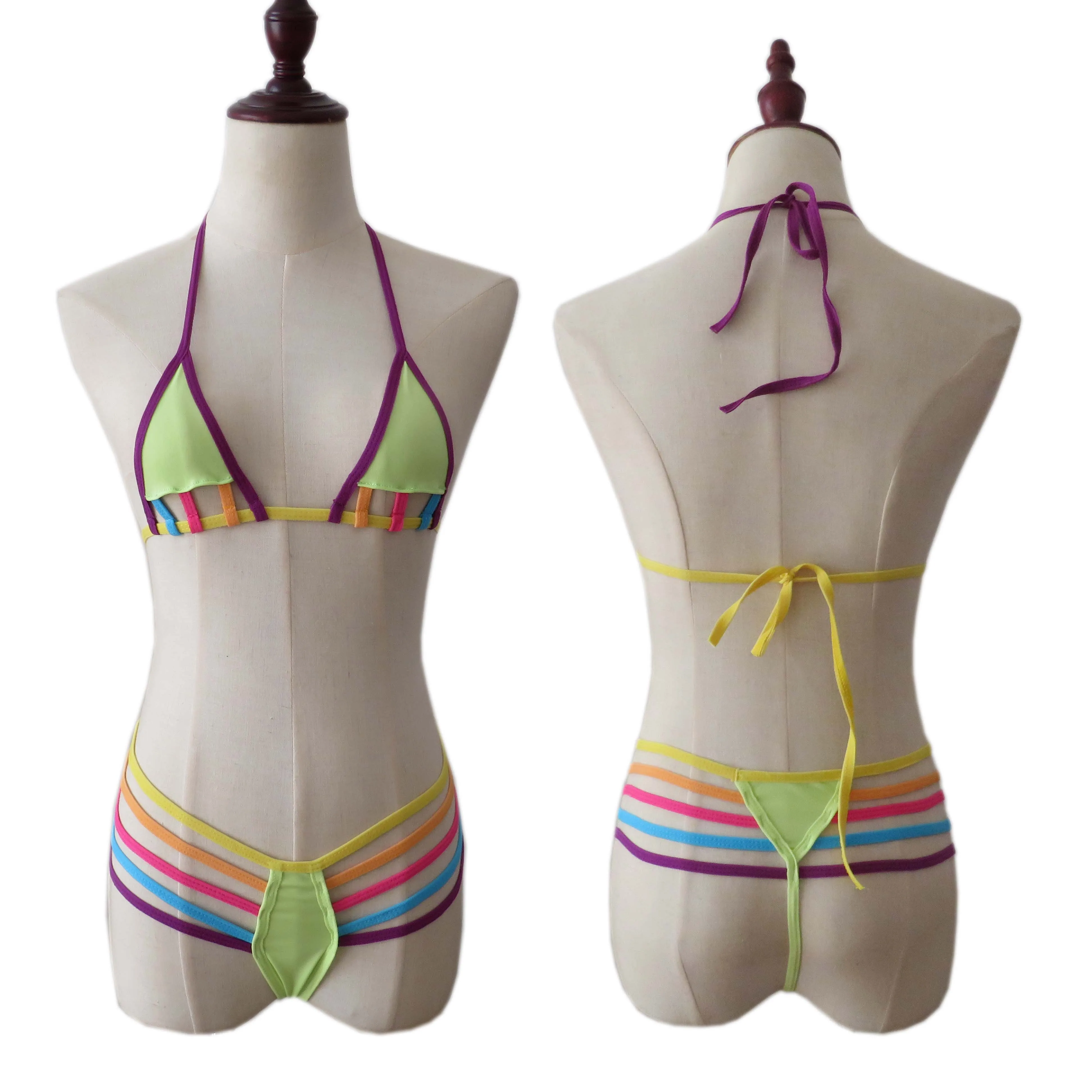 Women's Sexy Lingerie Rainbow Three-Piece Sheer Bikini Candy-Coloured Swimsuit Bra and Panty Set - Image 2