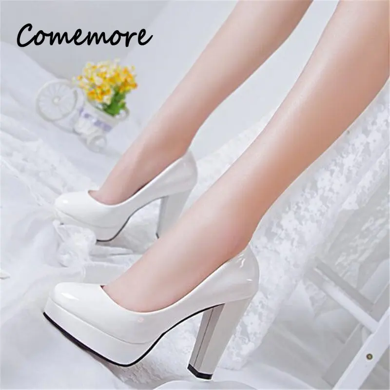 Comemore Women Pumps Shoes Woman PU Leather Shallow Slip-On Round Toe High Heels Wedding Party Derss Shoe Mujer Plus Size 41 42