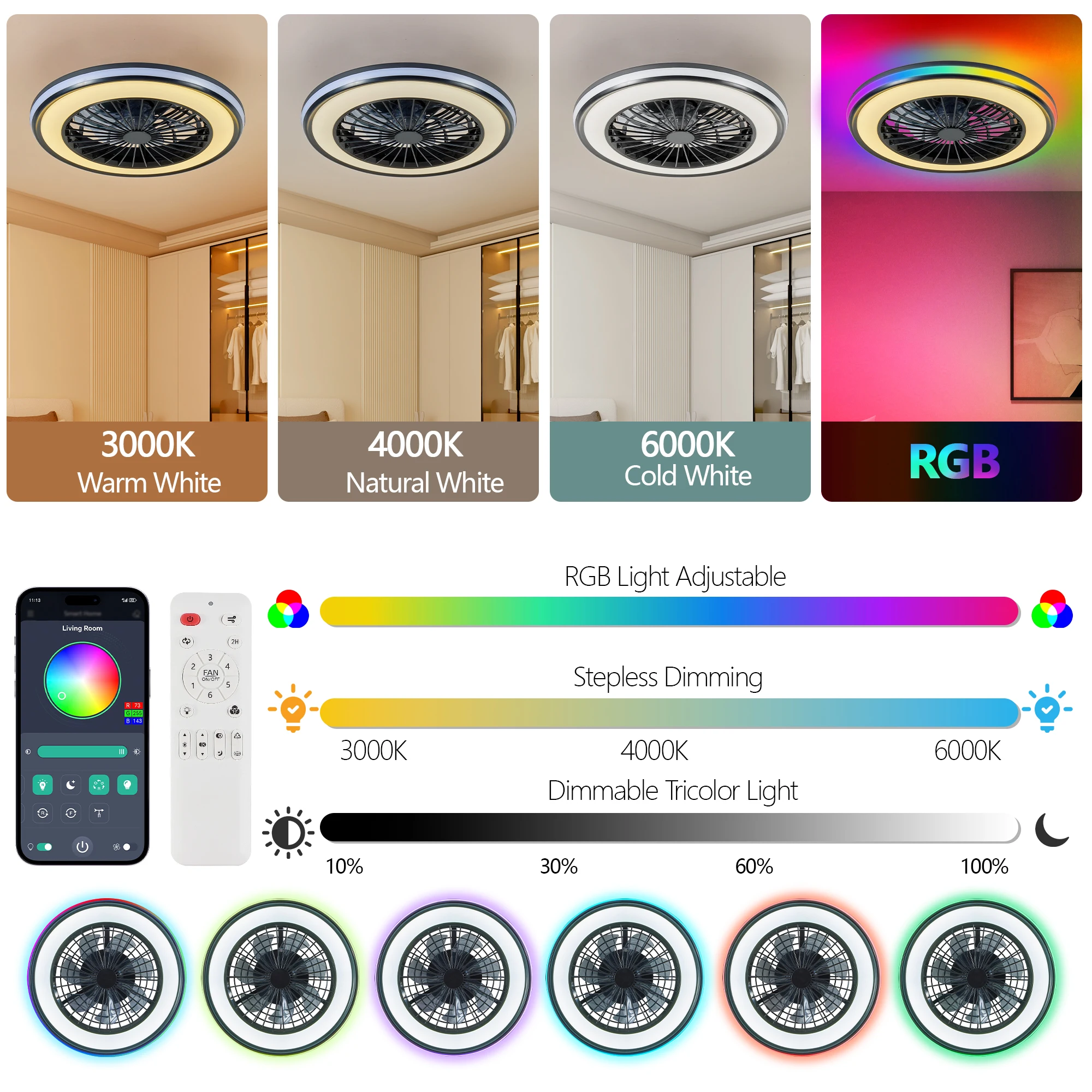 Bladeless Low Profile Ceiling Fan with RGB Light, Multi-Color Ambient Lighting, All-Season Silent Ceiling Fan Lamp for Room Deco