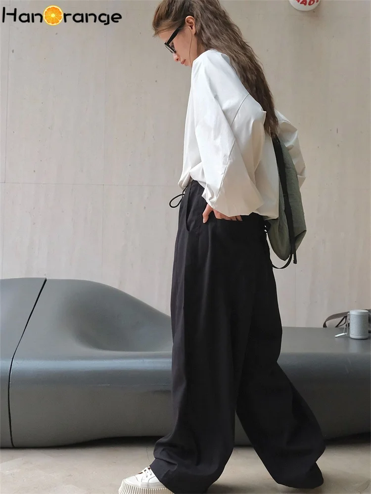 HanOrange 2024 Autumn Fashion Stripe Casual Pants with Drawstring Women Drop Wide Legs Trousers Black/Gray