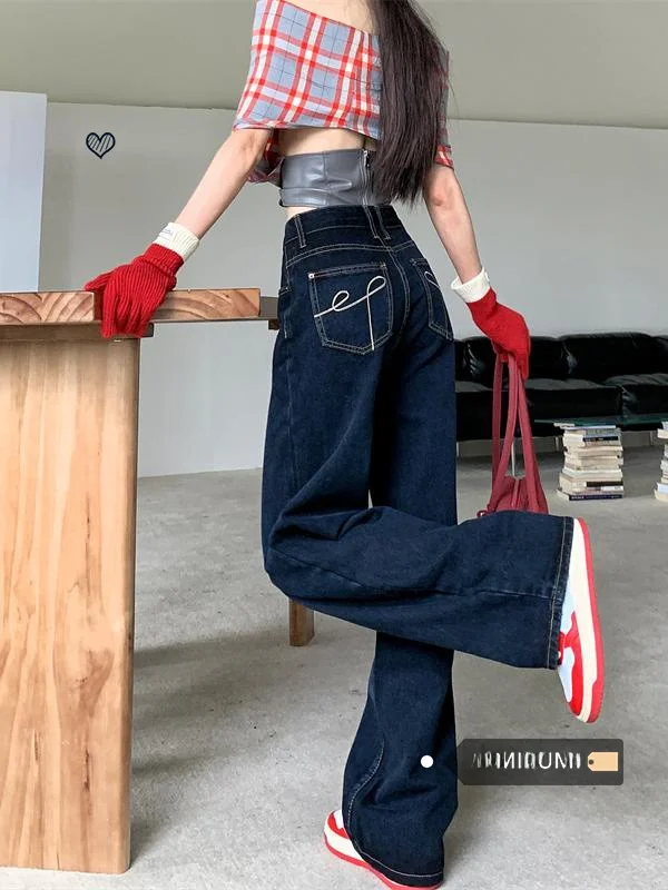 

Deep Blue Retro High Waist Loose Casual Wide Leg Jeans Women's Spring Straight Leg Pants Floor-Length Trousers