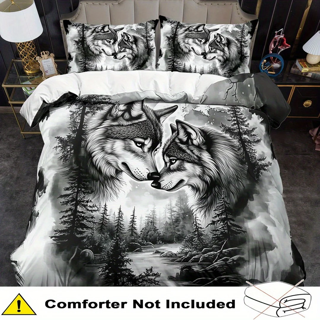 Black And White Duvet Cover No Filling Forest，Twin Wolves Printed 3PCS Bedding Sets Queen King Size For Teen Boys Room Decor