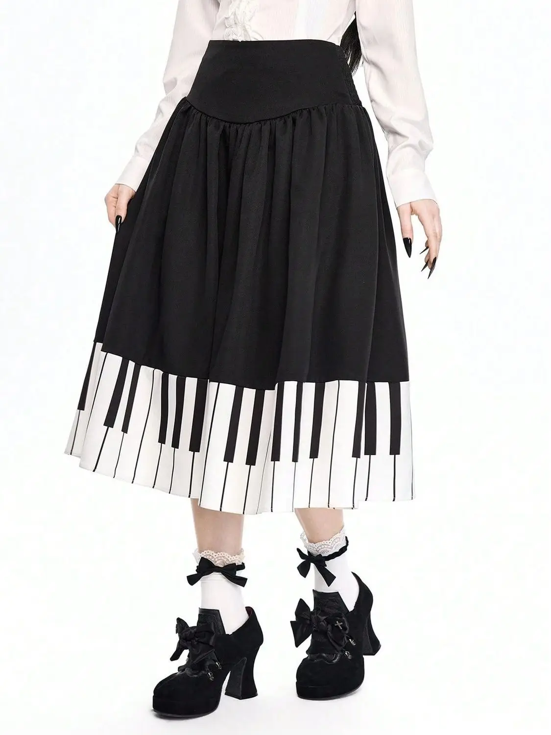 Vintage Victorian Aesthetic Sweet  Gothic High Waist Midi Skirt Black Flared A-Line Skirt with Piano Key Print Hem  Black Skirt