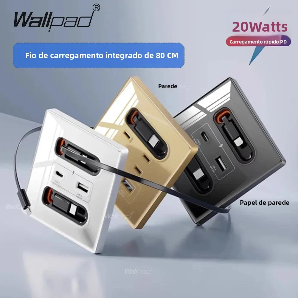 eu規格急速充電20w-usb-a-cポート付き壁コンセント、格納式80cm-type-c充電ケーブル、白灰色ガラスパネル、86x86mm