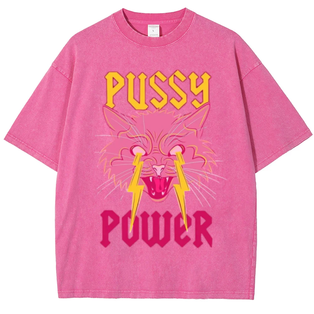 Y2K Summer Women's T-Shirt Oversized Faux Denim Fabric Short Sleeve PUSSY POWER Cat Print Cute Casual Cool Unisex Top