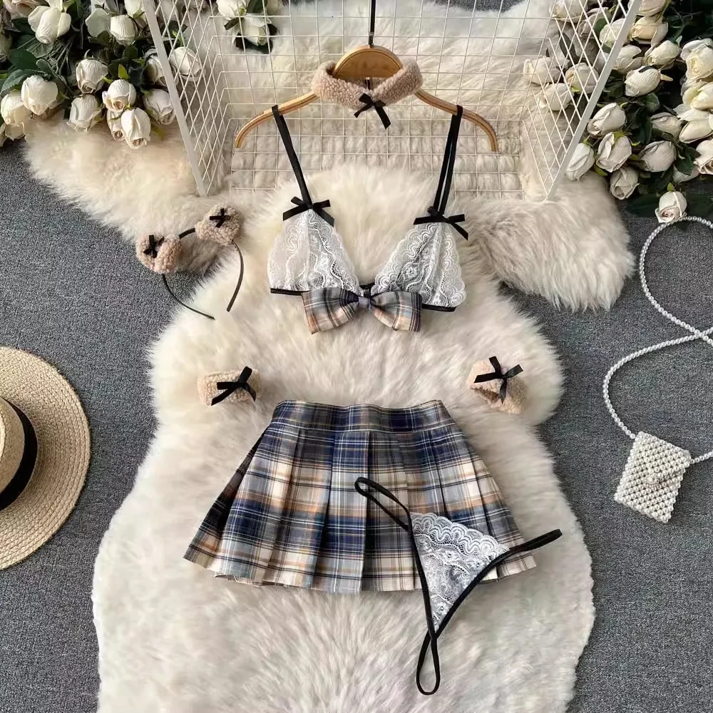 New Hotsweet 5 Pieces Sets Short Skirt Sailor Chic Women's Dress Sexy Pleated Suits Lace Bra Brief Plaid Mini Skirt Preppy  Ins