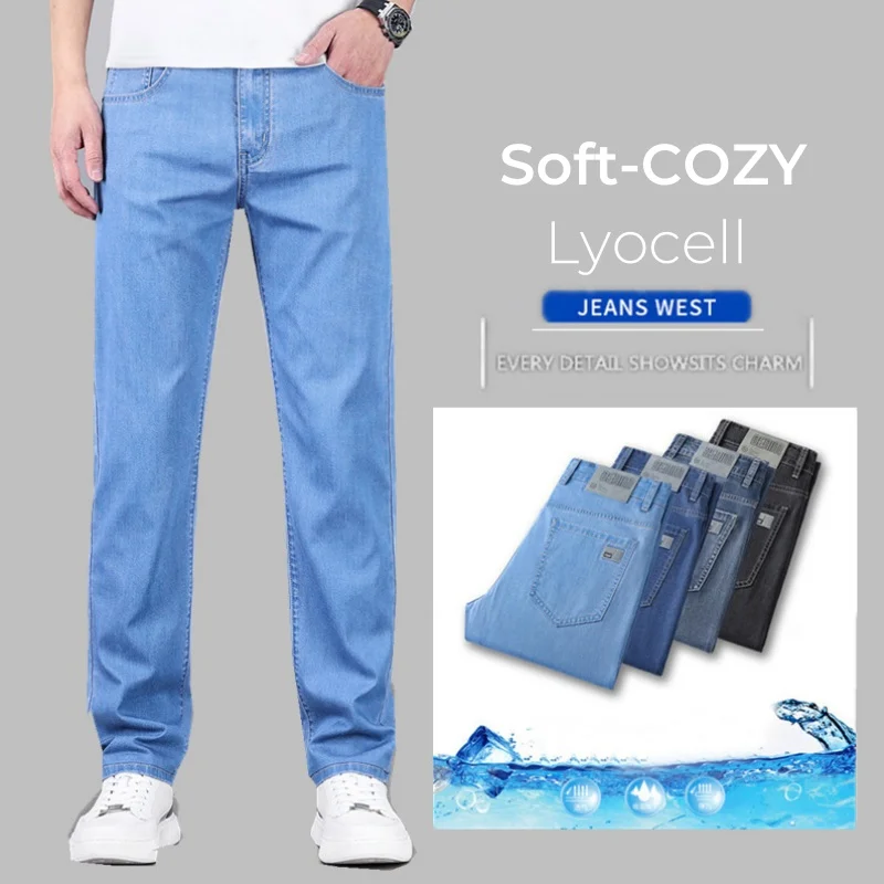 

4 Colors New Lyocell Jeans Men's Clothing Thin Stretch Straight Business Casual Denim Pants Loose Cotton Trousers Male