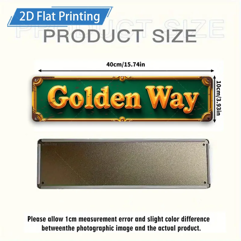 [2D FLAT] 1 قطعة علامة معدنية، 4 × 16 بوصة الطريق الذهبي 2D طباعة مسطحة علامة معدنية جدار ديكور فني