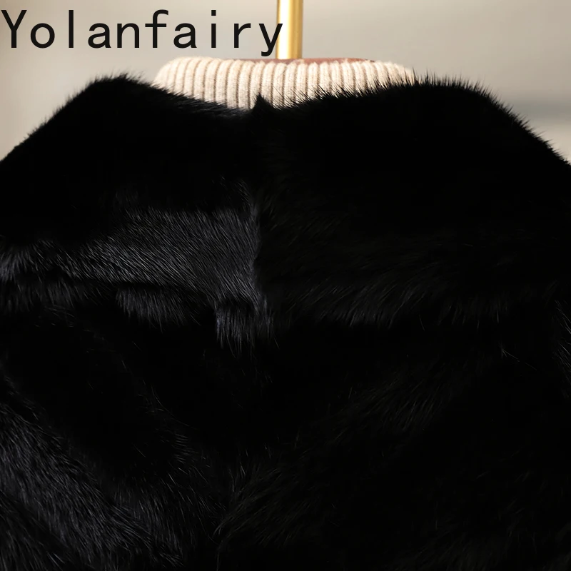 YOLANFAIRY معطف فرو حقيقي للخريف والشتاء معاطف نسائية قصيرة عصرية من الفرو الأسود ملابس نسائية قطع من سترة فرو المنك