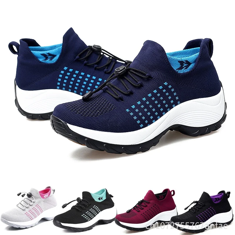 Non-Slip Walking Trainers Fashion Fly Weaving Sock Sneakers Breathe Comfortable Mom's Nursing Shoes Casual Platform Loafers