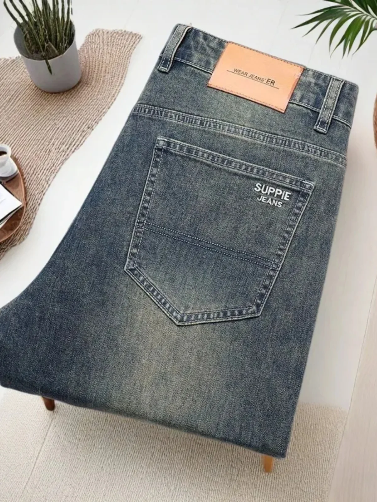 

Spring 2025 Men's Slim Fit Straight Leg Jeans Elastic Versatile High End Retro Brand Youthful Energy Style Long Pants