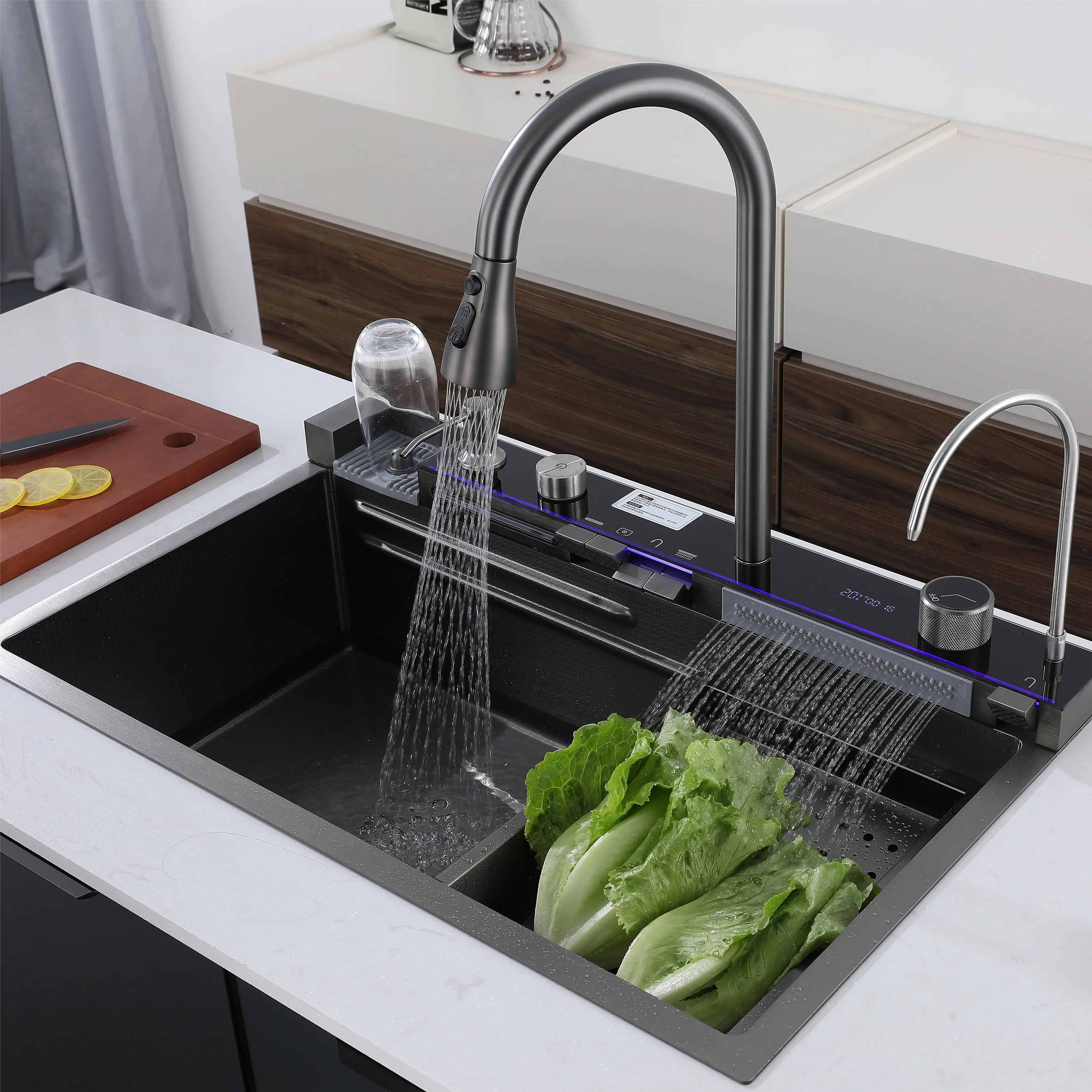 

LED Digital Smart Waterfall Faucet Single Bowl Kitchen Sinks 304 Stainless Steel Sink Modern Kitchen Sink