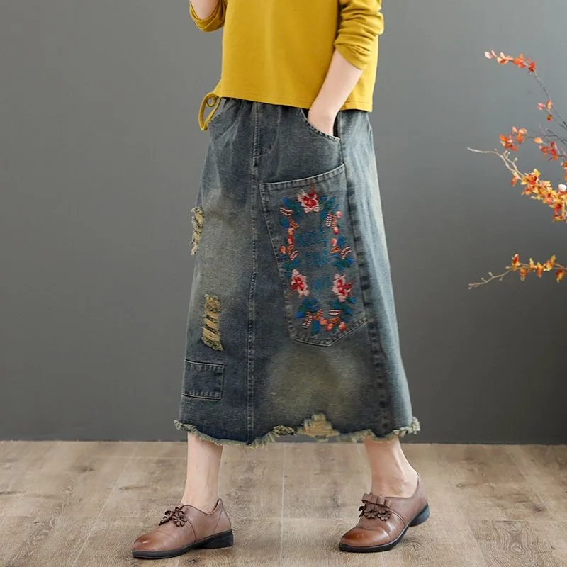 Women Denim Skirt Y2k Clothes Long Skirt Harajuku Fashion Vintage Floral Embroidery A-line Jean Skirt Woman