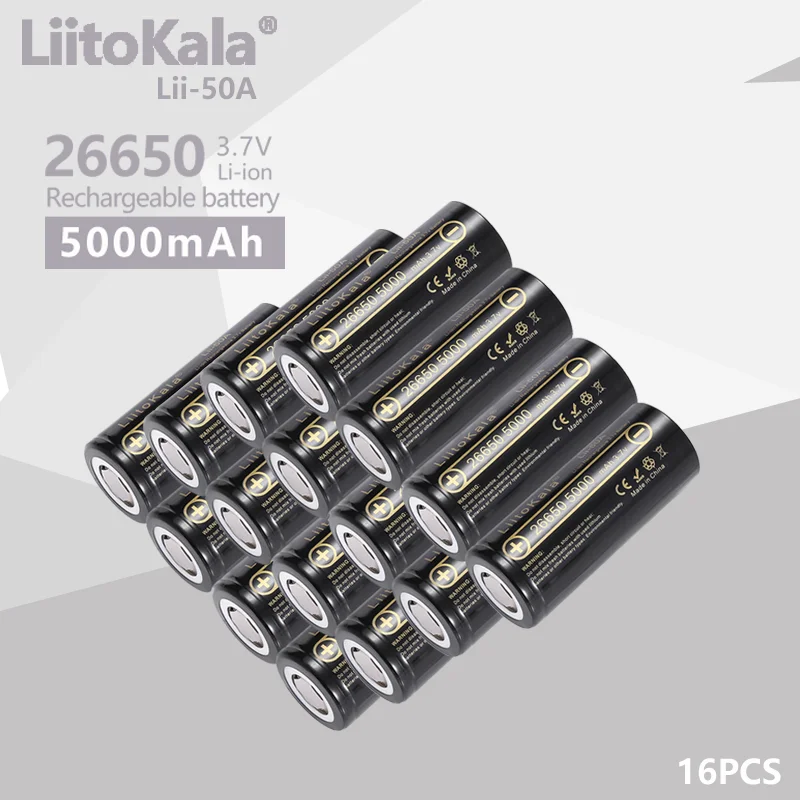 

16PCS LiitoKala Lii-50A 3.7V 5000mAh Original 26650 Lithium Rechargeable Battery For Flashlights Electric Toys Small Fan Torch