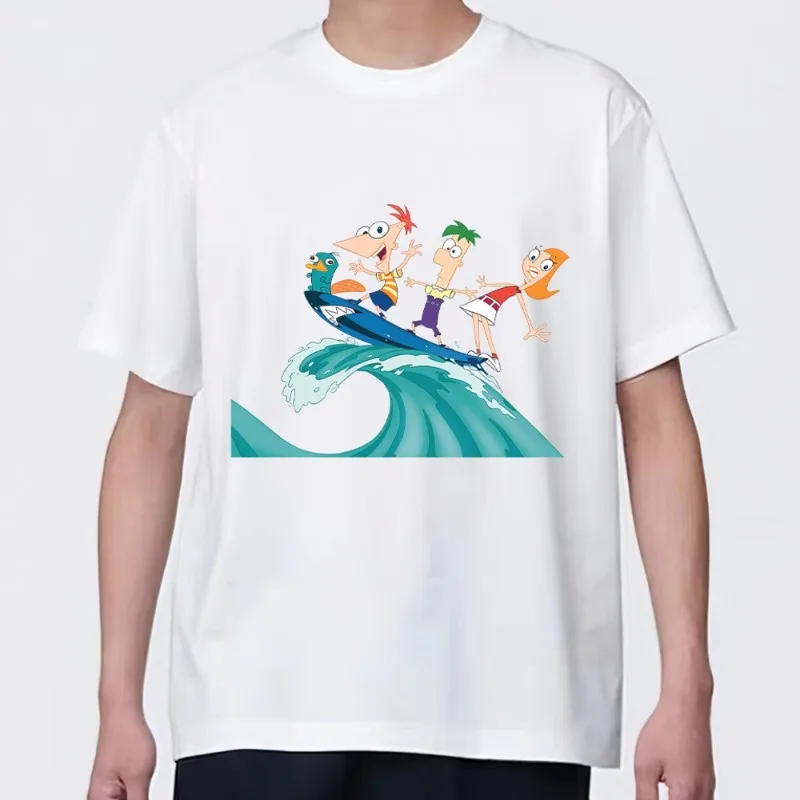 MINISO Disney Phineas and Ferb T Shirt Men Couple Combination Clothes Short Sleeve Collar Fashion woman Cotton