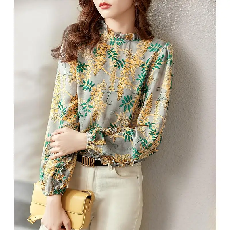 Mode Blumen druck elegante schicke süße Rüschen Stand Kragen Chiffon Top Bluse Frauen lässig Langarm schlanke Hemden Blusas Mujer