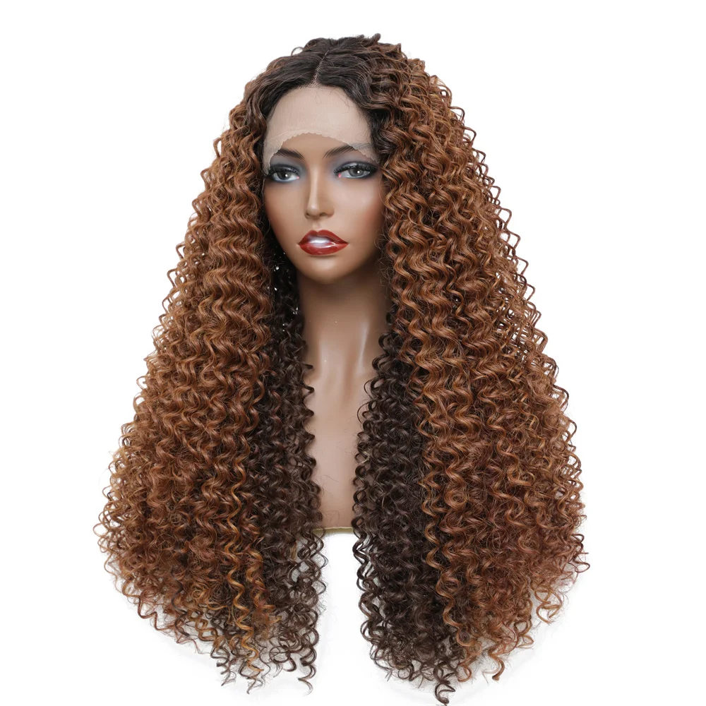 Ombre Brown Synthetic Lace Front Wig For Black Women Kinky Curly Long Middle Part Hair Wigs X-TRESS Natural Daily Use Hairstyle