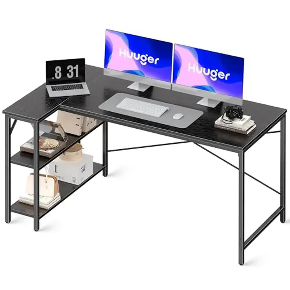 55-Inch Reversible Shelves L-Shaped Gaming Corner Computer Desk with Storage Home Office and Writing Black Embossed Surface