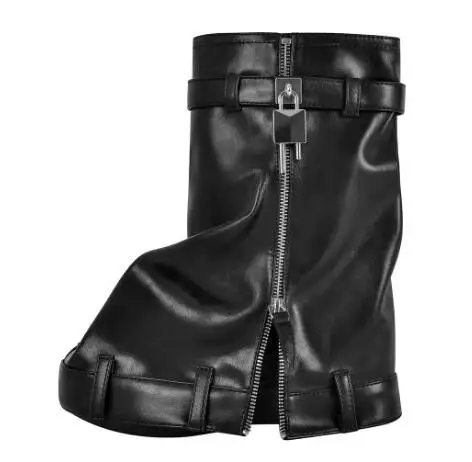 

Round Toe Sliver Metal Shark Lock Zipper Slip On Short Pants Boots Women Black Leather Thick Sole Platform Mid-calf Booties