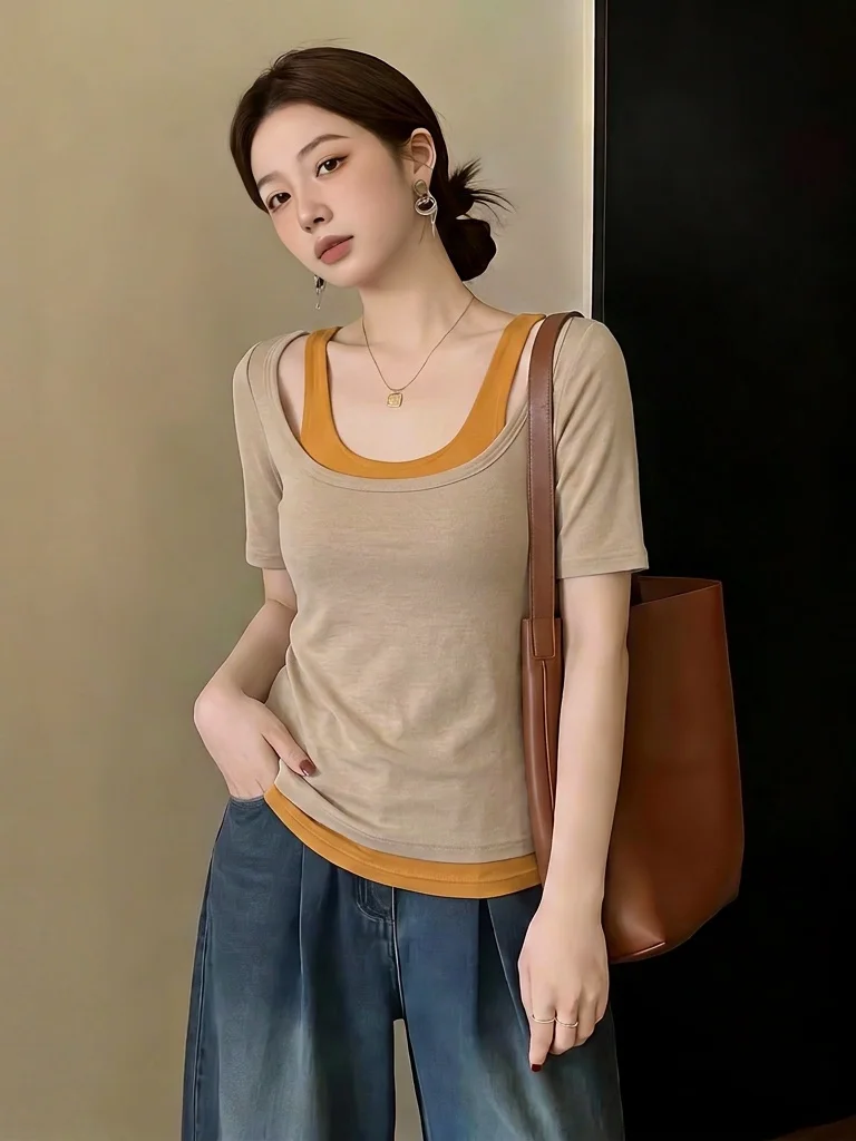 Summer New plus Size Women's T-shirt U-Neck Short Sleeve Design Sense Shoulder Width Regular Commute Style Pure Color Breathable