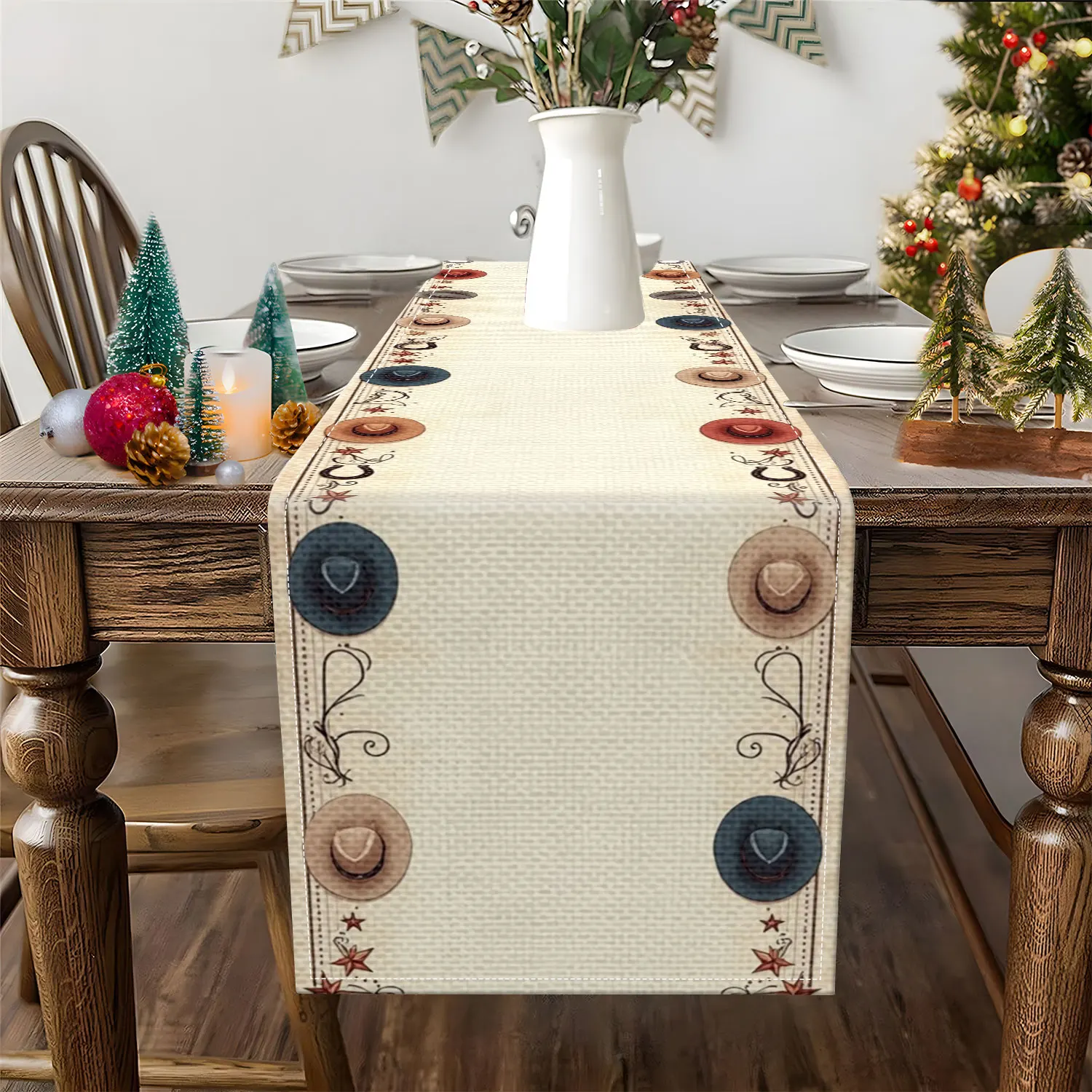 1 Piece of Western Cowboy-Themed Table Runner, Decorated with Cowboy Hats and Other Elements, Suitable for Western-Style Parties, Bar Decorations, and Other Occasions