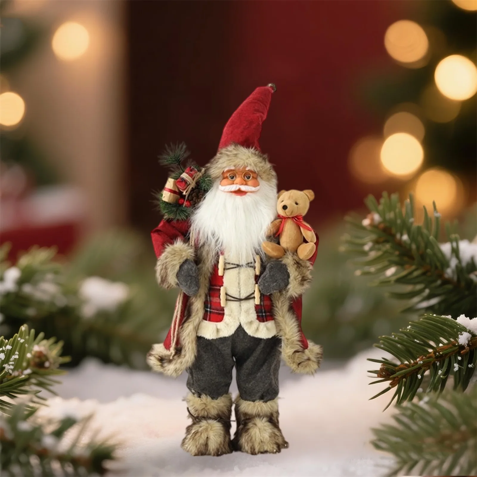 Christmas Santa Figurines with Bear Standing Santa Claus Dolls Holiday Ornaments for Home