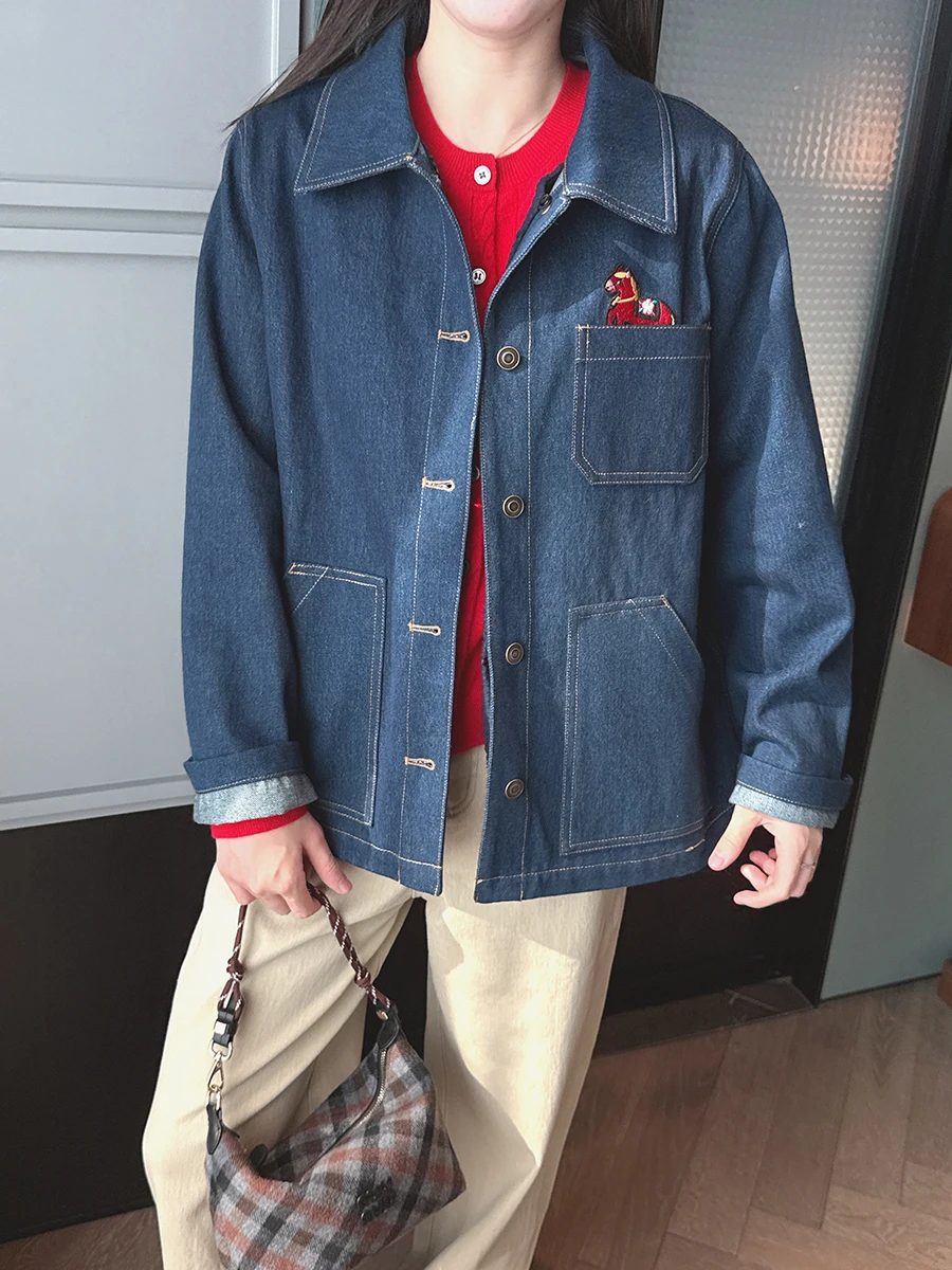 

Casual Loose Cotton Denim Jaet with Fce Removable Ladies Spring Long Sve Button up Coat Blue Cotton Outerwear