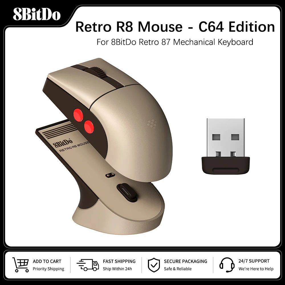 8BitDo Retro R8 Mouse with Charging Dock Wireless Gaming Mice with 4K Polling Rate, Programmable Buttons, Micro Switches