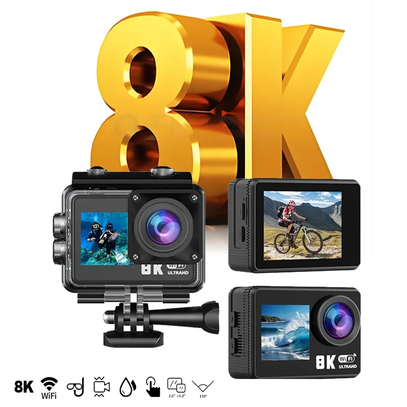 Câmera de ação 8K 8K25FPS, microfone externo, IP68 à prova d'água 30 metros, anti-vibração EIS de seis eixos, autofoco, gravador externo