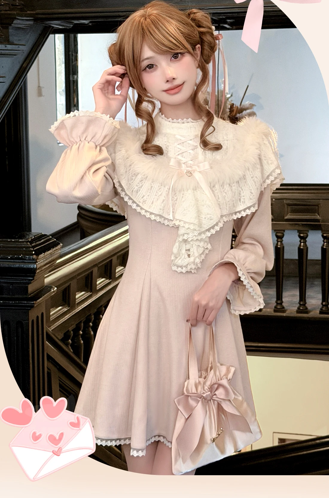 Elegant Lady Japanese Original Lolita Design Sweet Off-Shoulder Long Sleeve Knitted Dress Cute Doll Feel  Versatile Long Dress