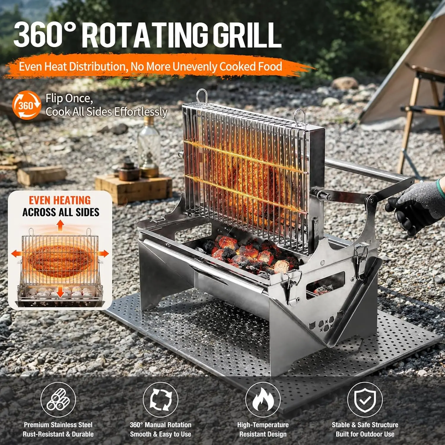 Charcoal Camping Grill, Portable Flip Grill with 360° Rotating Stainless Steel Construction for Outdoor BBQ