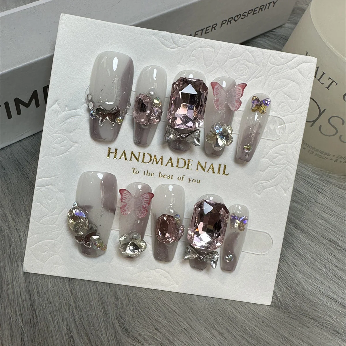 

10Pcs Handmade Press on Nails Long Ballet Fake Nails with 3D Rhinestone Design False Nails Full Cover Nail Tips for Daily,Summer