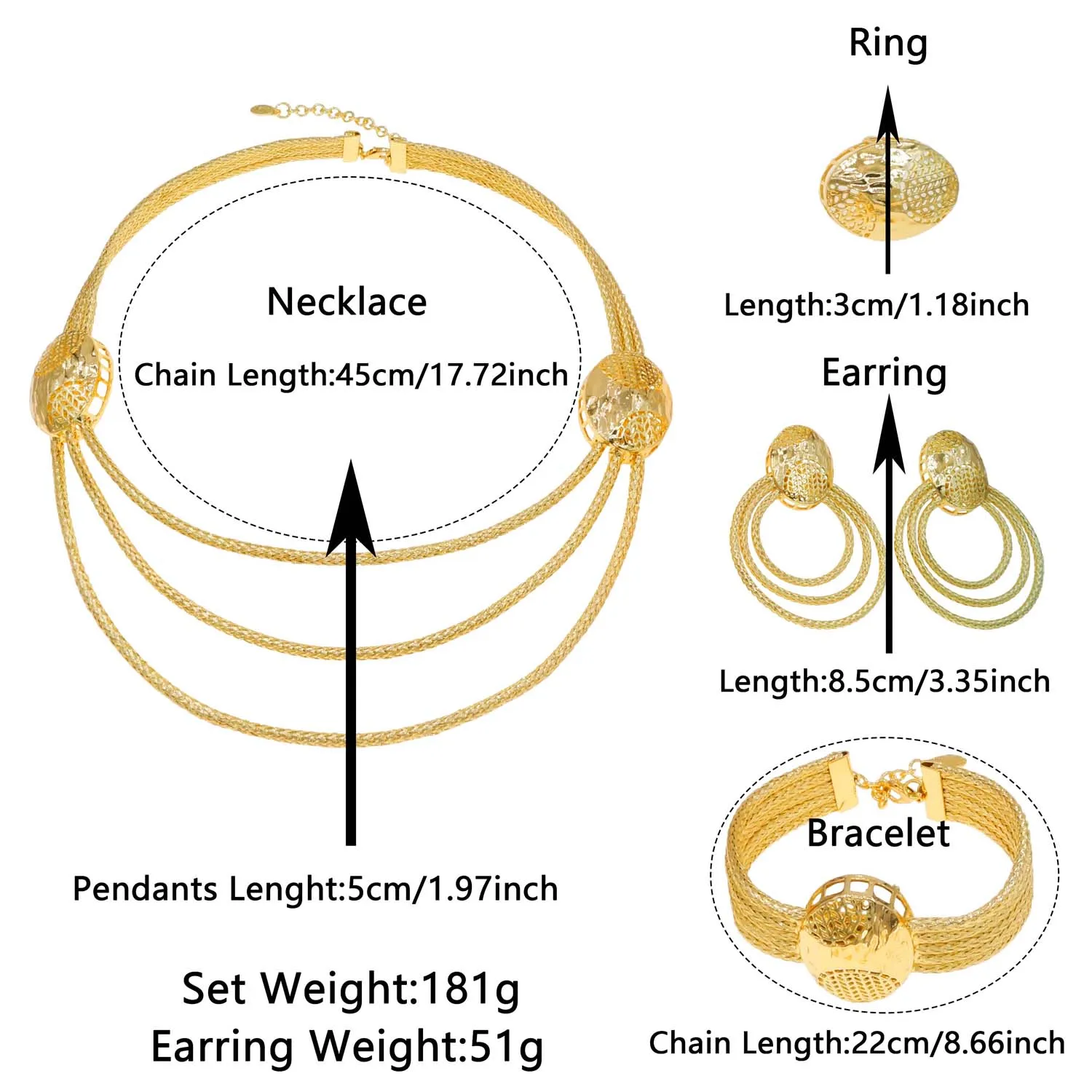 High Quality Gold Plated Brazilian Jewelry Set 3 Strands Pendant Necklace for Women African Party Accessories Daily Wear Outfit