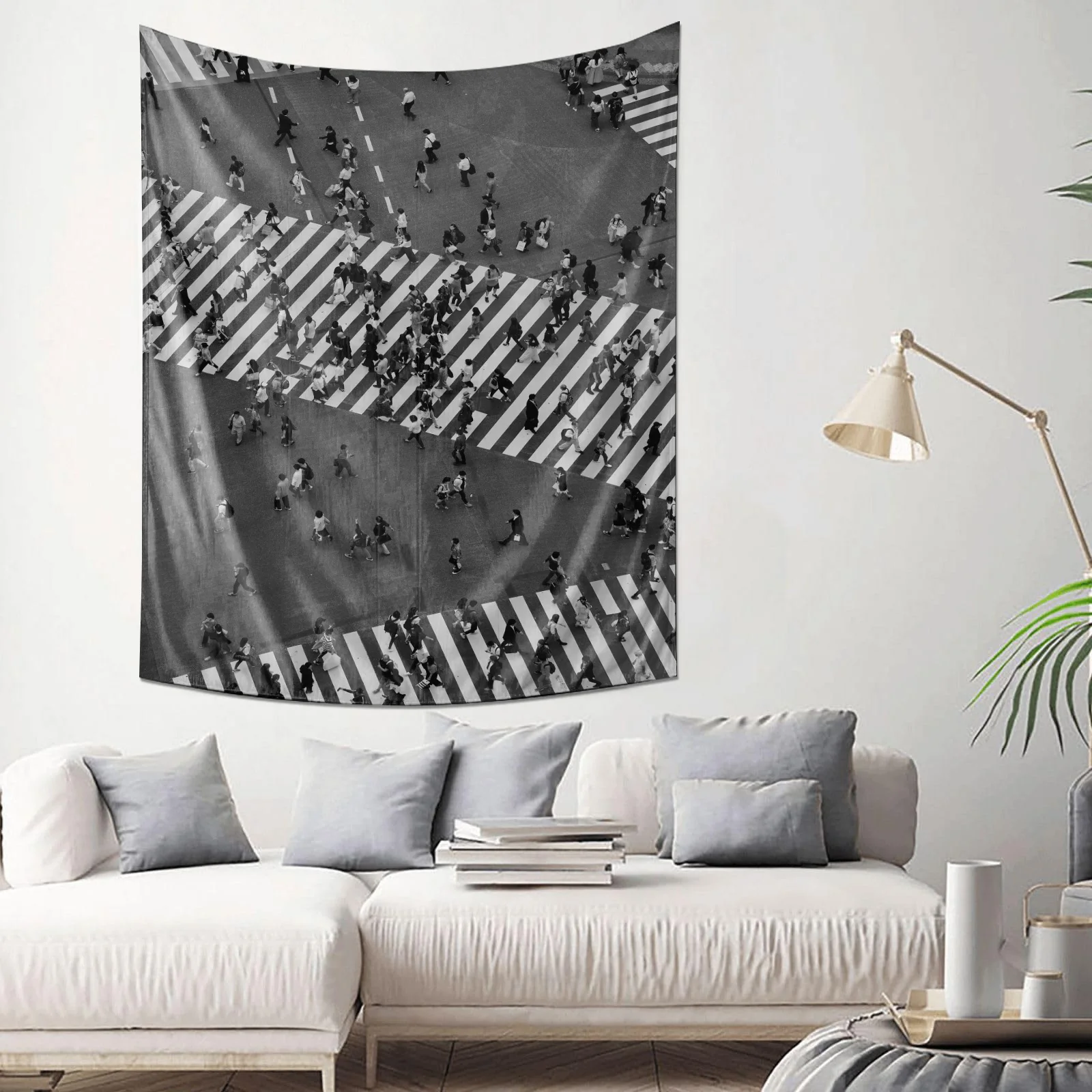 Black and White Busy City Crosswalk Crowd Aerial View Tapestry Machine Washable All Season Decor Print Home Simple Installation