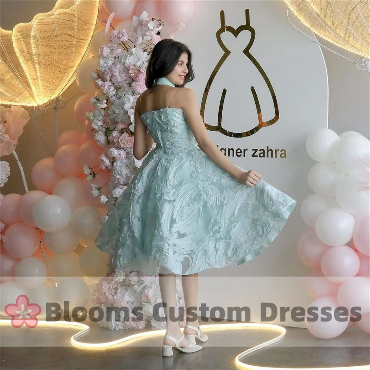 Blooms Sweet Mint Green Lace A-Line Customized Prom Dress For Birthday Pleated Halter Evening Dress Party Gown Short Dress