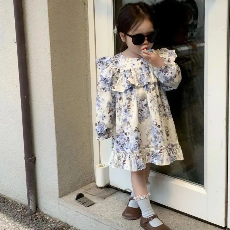 Stylish Kids Girls 2026 Floral New Baby Princess Korean Style Stylish Spring Fall Dress Long Sleeve Skirt
