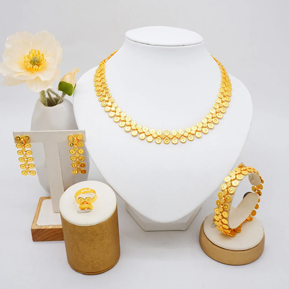 Necklace/Earrings/Bracelet/Ring (Droplet Style) Women 24K Gold, AU999 | Gold-inlaid taotie with threaded diamond droplets.