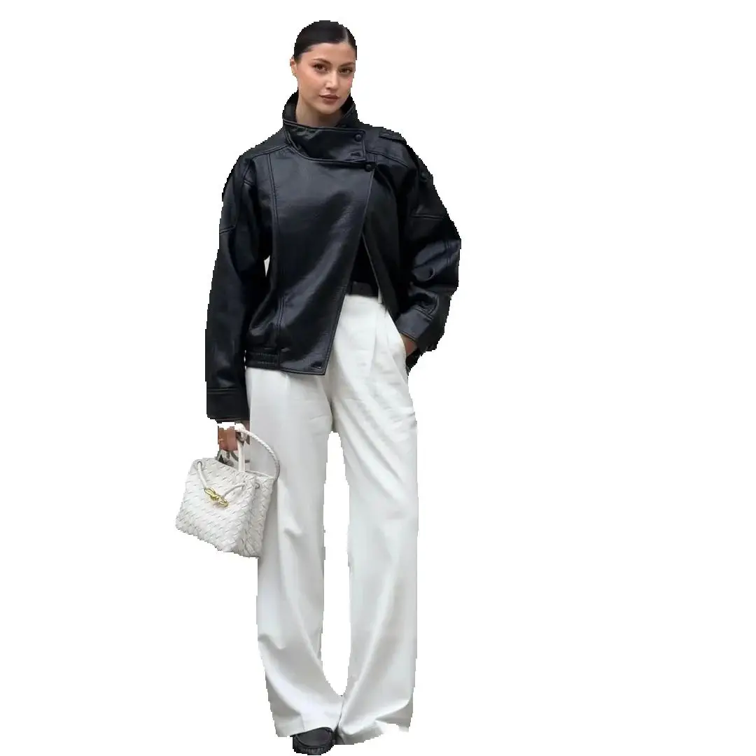KONDALA Casual Chic Zwart Lederen Jassen Vrouwen Lange Mouw Knoppen Elastische Oversized Jassen Mode 2026 Lente Streetwear Jassen - afbeelding 2
