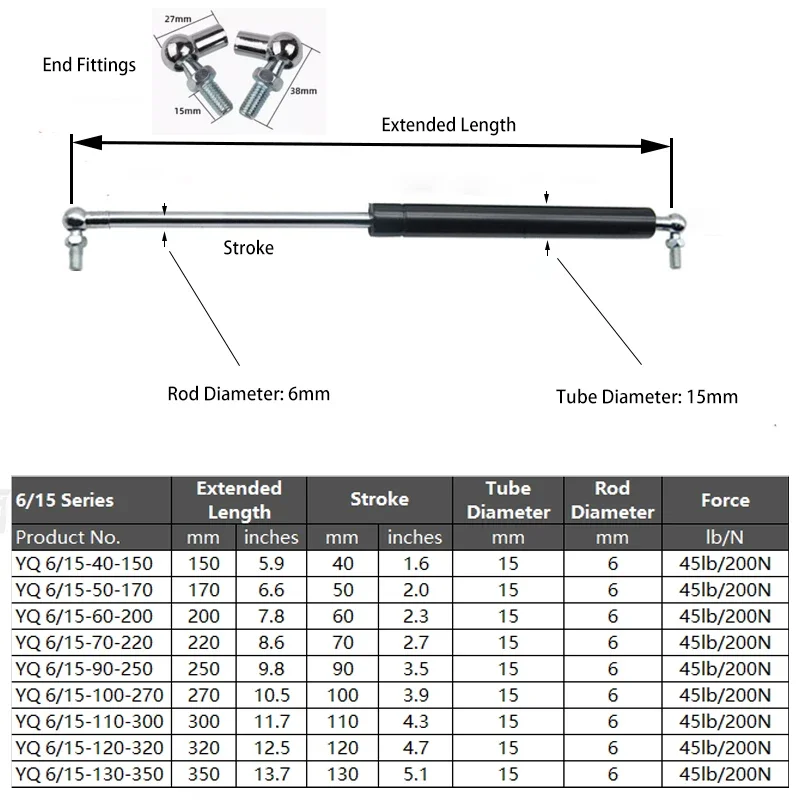 1PC 200N/45LB Gas Struts with Ball Joint Ends Shock Absorbers Gas Spring Lift Struts Damper Cushioned Kitchen Cupboard Hinge