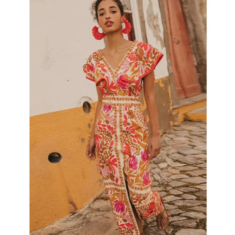 

Women Vintage Print V Neck Maxi Dress Elegant Flying Sleeves High Waisted Split Slim Dresses Summer Chic Holiday High Streetwear