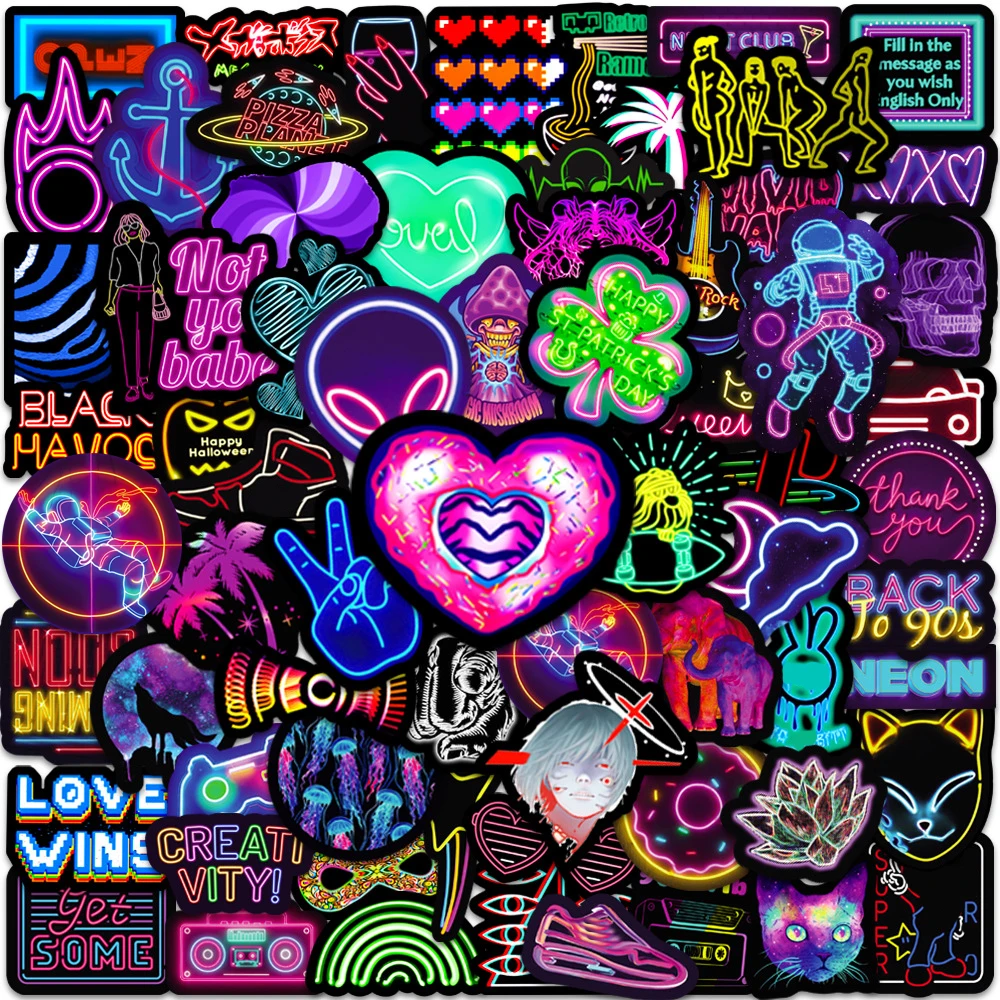 10/30/50pcs Cartoon Neon Light Stickers Cool Graffiti Skateboard Laptop Phone Fridge Bike Waterproof Kids Toy Decal Kids Sticker