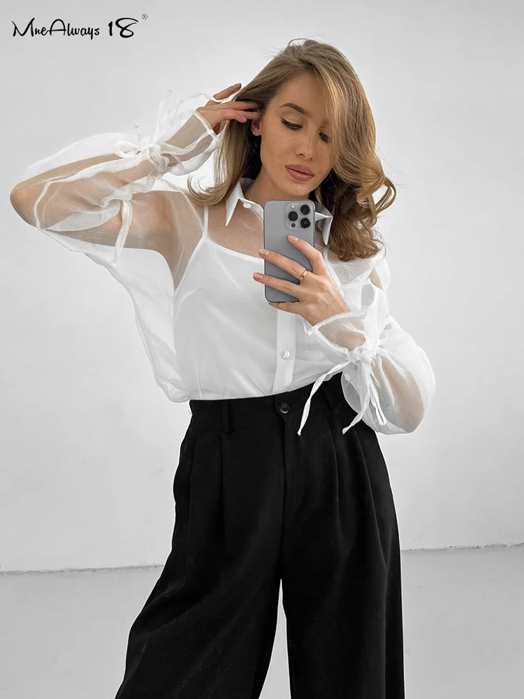 Mnealways18 White Mesh Elegant Shirts Women Turn Down Collar Thin Perspective Blouses Elegant Puff Sleeves Office Ladies Tops